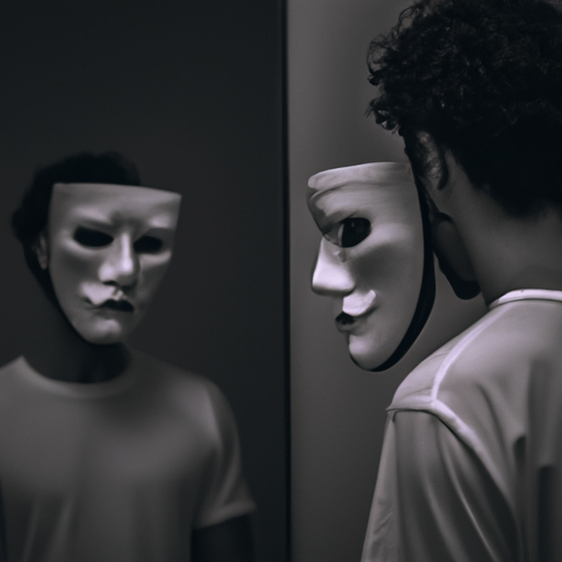 A mirror reflection of a person with a mask on, portraying a false sense of identity.